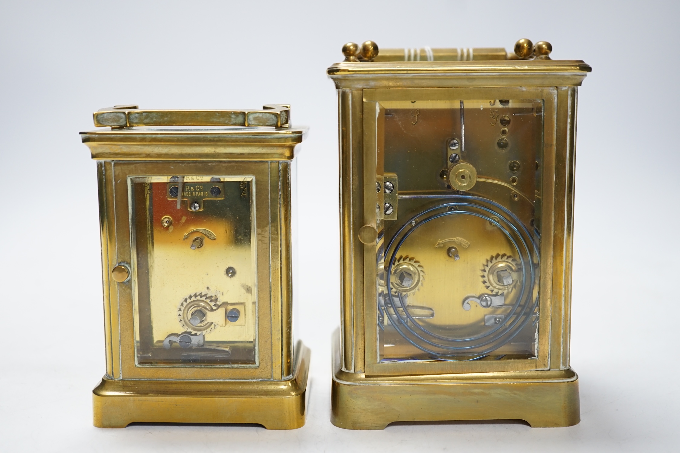 Two brass cased carriage timepieces including one by H.W. Bedford, 14.5cm